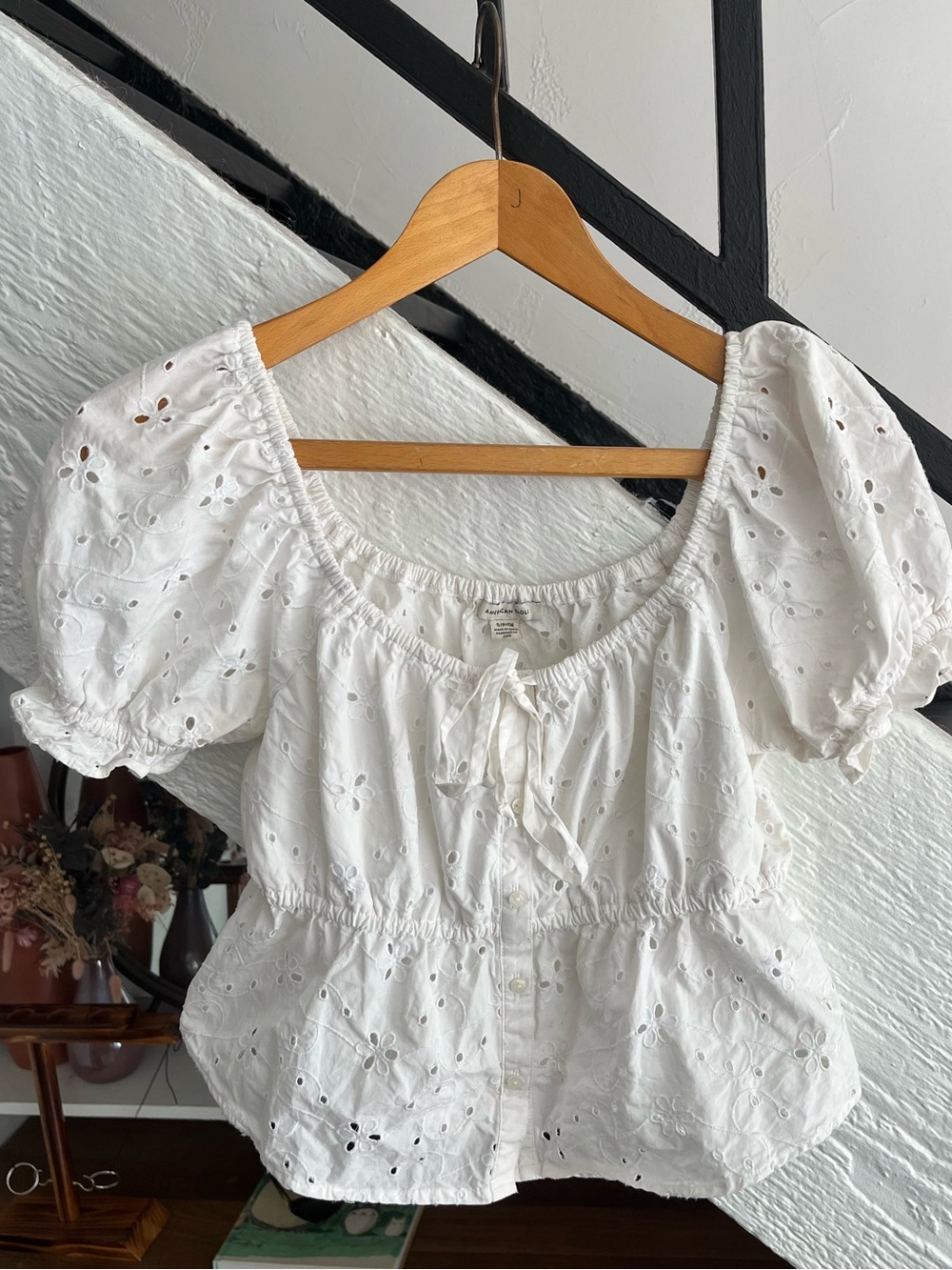 American Eagle White Eyelet Embroidered Babydoll Blouse